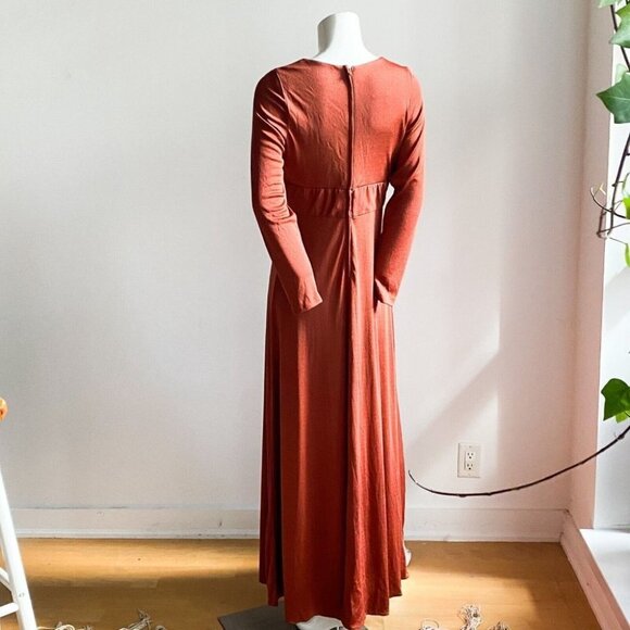 Vintage Copper Brown Slinky Polyester Beaded Empire Waist Elegant Maxi Dress - Picture 5 of 5